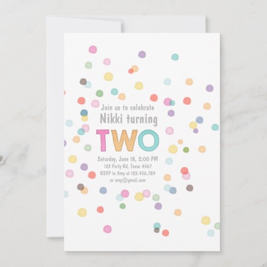 水彩レインボー紙吹雪誕生日ツーアートパーティー 招待状 (正面)
