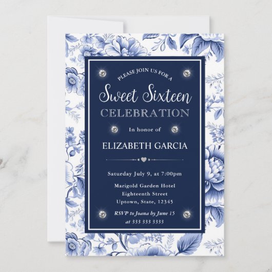 水彩レッドブルーと金ゴールド花甘16 招待状 (正面)