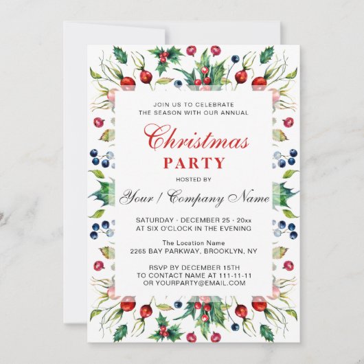水彩レッドホリーベリークリスマスパーティー 招待状 (正面)