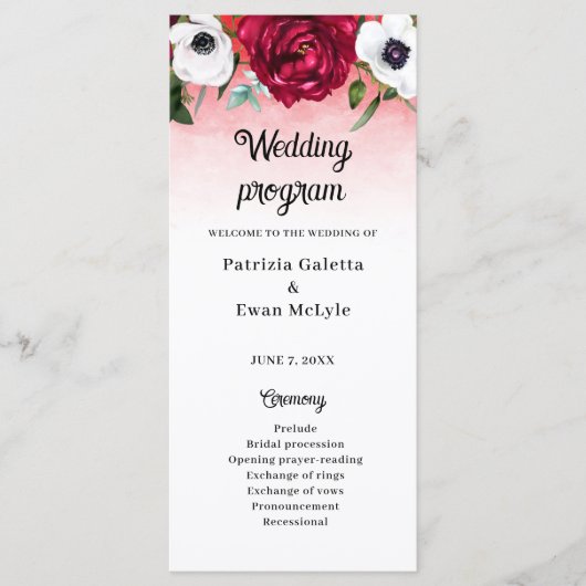 水彩レッドホワイトフローラフラット結婚式 プログラム (正面)