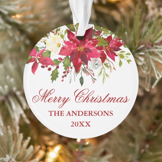 水彩レッドポインセチアパーソナライズされたフローラ オーナメント (ツリー)
