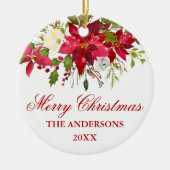 水彩レッドポインセチアパーソナライズされたフローラ セラミックオーナメント (正面)