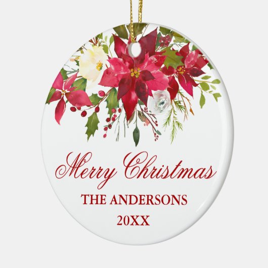 水彩レッドポインセチアパーソナライズされたフローラ セラミックオーナメント (左)