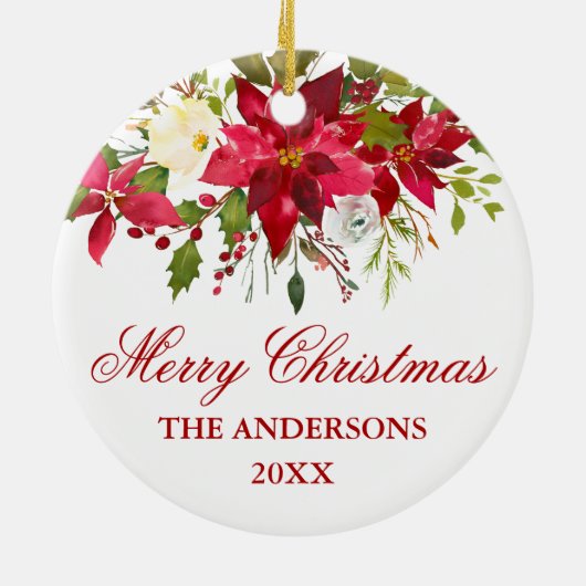 水彩レッドポインセチアパーソナライズされたフローラ セラミックオーナメント (裏面)