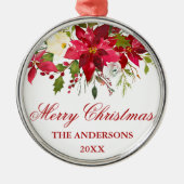 水彩レッドポインセチアパーソナライズされたフローラ メタルオーナメント (正面)
