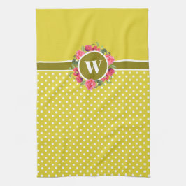 水彩レッドポピズピンクローズリースモノグラム キッチンタオル