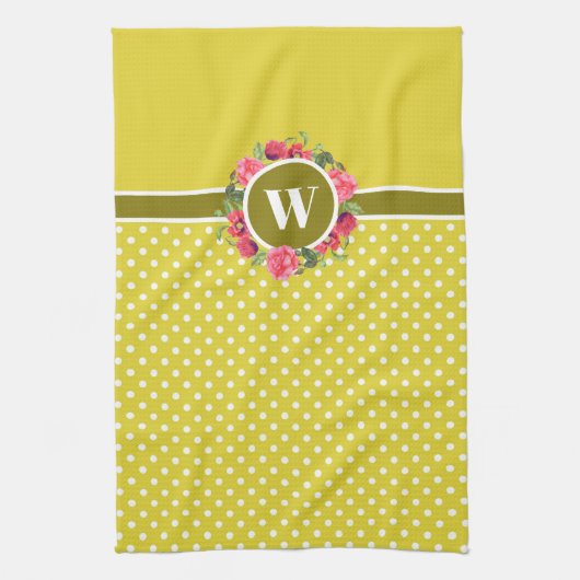 水彩レッドポピズピンクローズリースモノグラム キッチンタオル (縦)