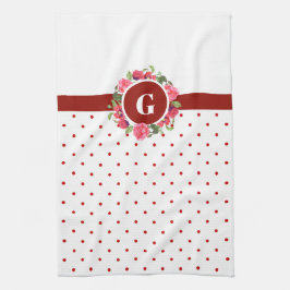 水彩レッドポピズピンクローズリースモノグラム キッチンタオル