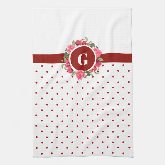 水彩レッドポピズピンクローズリースモノグラム キッチンタオル (縦)
