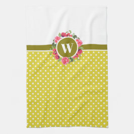 水彩レッドポピズピンクローズリースモノグラム キッチンタオル