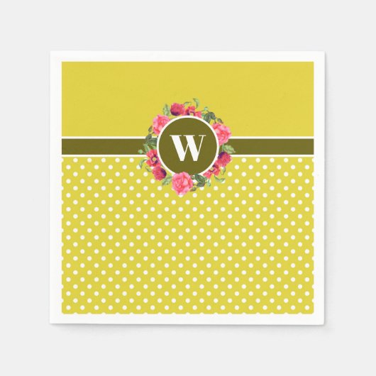 水彩レッドポピズピンクローズリースモノグラム スタンダードカクテルナプキン (正面)