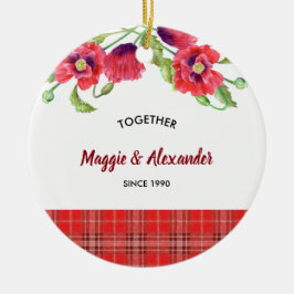 水彩レッドポピーフローラタータンチェックパターン セラミックオーナメント
