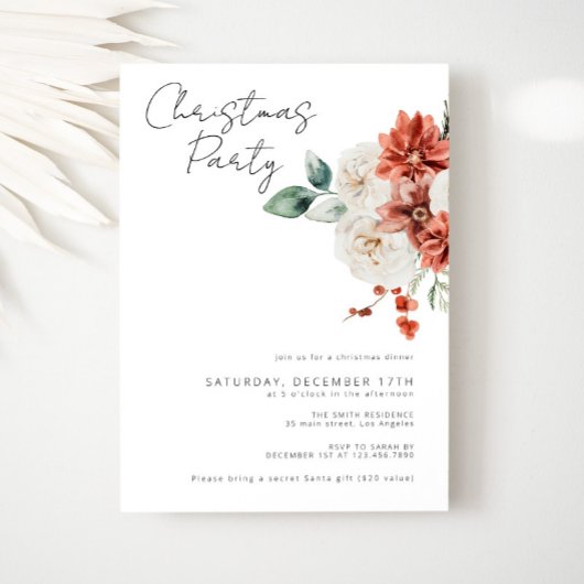 水彩レッド花模様クリスマスパーティー 招待状