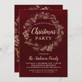 水彩レッド金ゴールドリースクリスマスパーティー 招待状