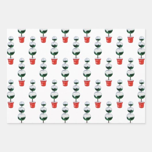 水彩レッド&グリーンクリスマストピアリー ラッピングペーパーシート (正面3)