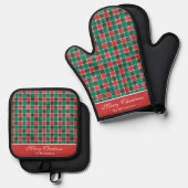 水彩レッド&グリーンバッファロープレイドカスタム 鍋つかみ&鍋敷きセット (正面/裏面)
