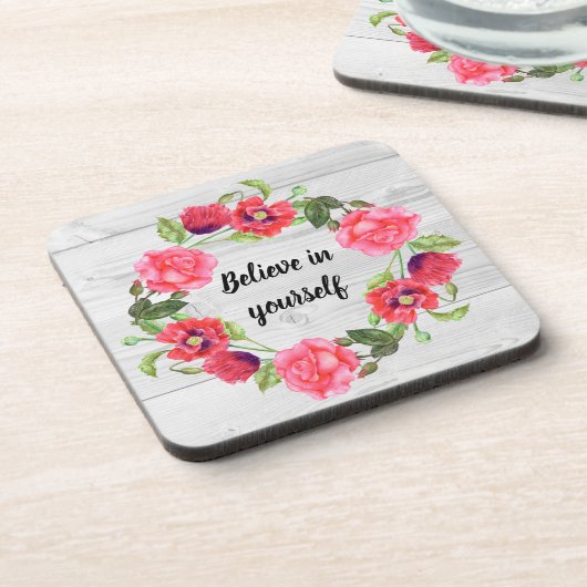 水彩レッド&ピンクフラワーズサークルリースデザイン コースター (左側)