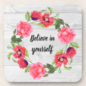 水彩レッド&ピンクフラワーズサークルリースデザイン コースター (正面)