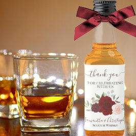 水彩レッド&ピンクローズ結婚ズサンキューミニ リキュールボトルラベル