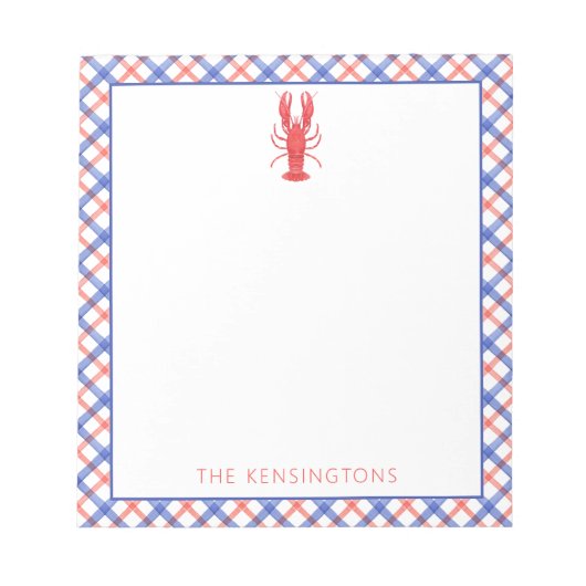 水彩レッド&ブループレイドロブスター パーソナライズされた ノートパッド (正面)