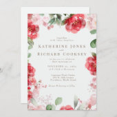水彩レッド&赤面フローラエレガントな結婚式 招待状 (正面/裏面)
