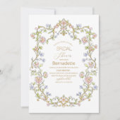 水彩レトロな花金ゴールドブライダルシャワー 招待状 (正面)
