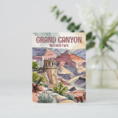 水彩レトログランドキャニオンデザートウォッチタワー ポストカード (スタンド正面)