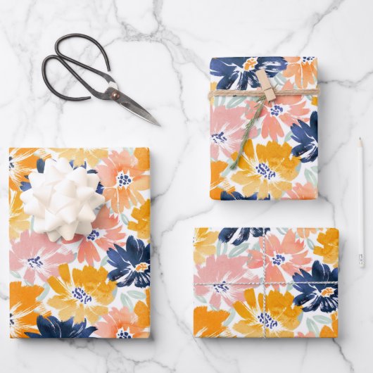 水彩レトロ花模様 ラッピングペーパーシート (正面)