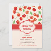 水彩レトロ赤さくらんぼ第1誕生日 招待状 (正面)