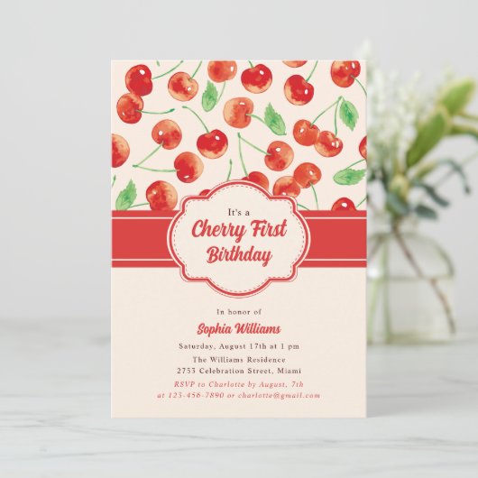水彩レトロ赤さくらんぼ第1誕生日 招待状 (スタンド正面)