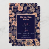 水彩レトロ赤面ピンクのネイビーブルーフローラ セーブザデート (正面/裏面)