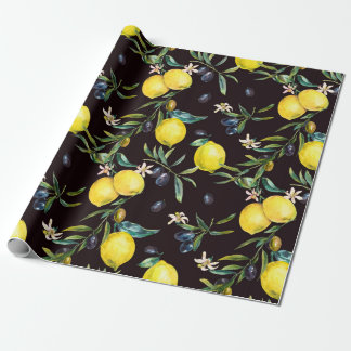 水彩レモンとオリーブの枝の継ぎ目のないパッテ ラッピングペーパー