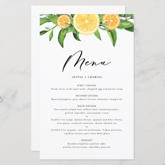 水彩レモンとオレンジ柑橘系メニューカード (正面/裏面)