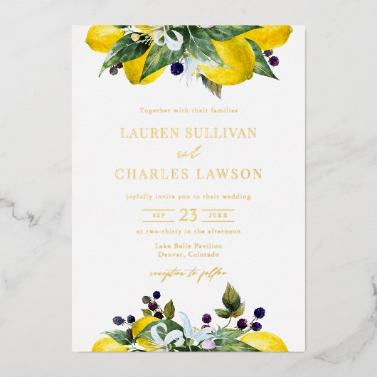 水彩レモンとブラックベリーサマー結婚ズ 箔招待状 (正面)
