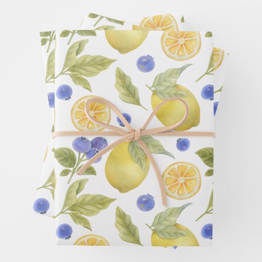 水彩レモンとブルーベリーフルーツ葉入り ラッピングペーパーシート (インサイチュ)