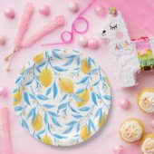 水彩レモンとブルー葉の ペーパープレート (パーティー)