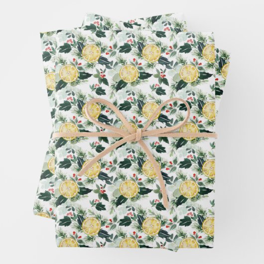 水彩レモンとホリーパターンクリスマス ラッピングペーパーシート (インサイチュ)