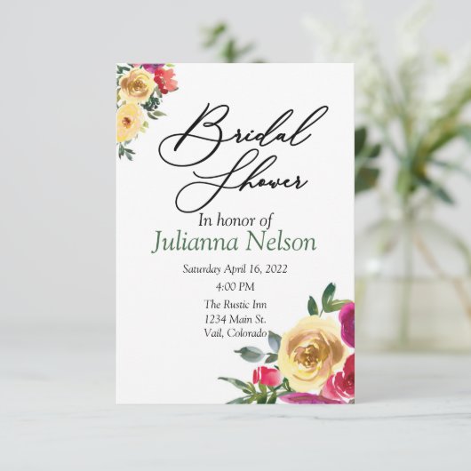 水彩レモンとマゼンタのフローラ招待 招待状 (スタンド正面)