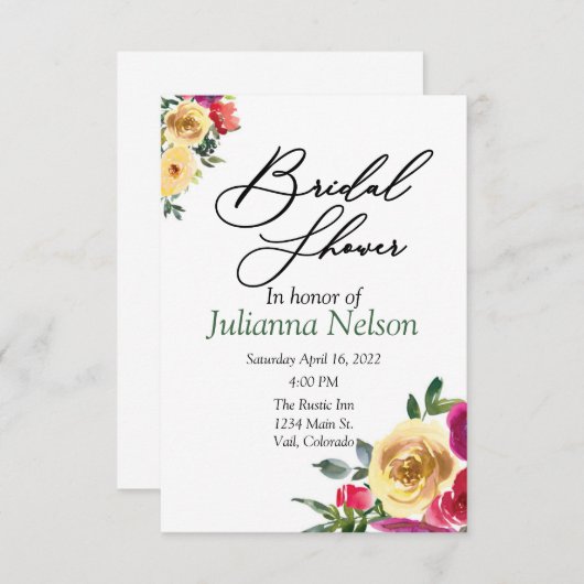 水彩レモンとマゼンタのフローラ招待 招待状 (正面/裏面)