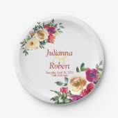 水彩レモンとマゼンタフローラ結婚の紙 ペーパープレート (正面)