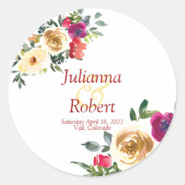 水彩レモンとマゼンタフローラ結婚の階級 ラウンドシール