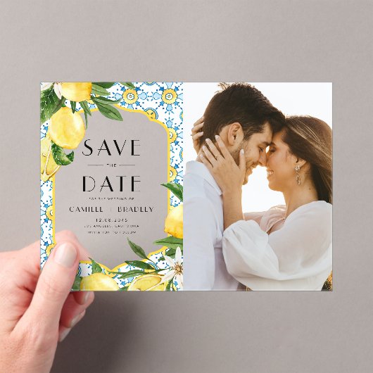 水彩レモンとモロッコタイルパターン写真 アクリル招待状 (インサイチュ (ポータブル))