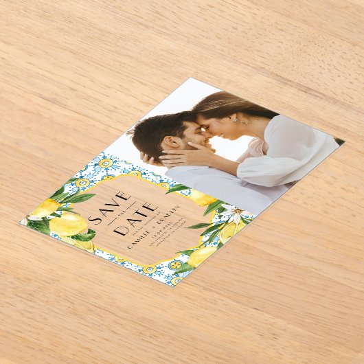 水彩レモンとモロッコタイルパターン写真 アクリル招待状 (レイダウン)