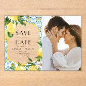 水彩レモンとモロッコタイルパターン写真 アクリル招待状 (正面)