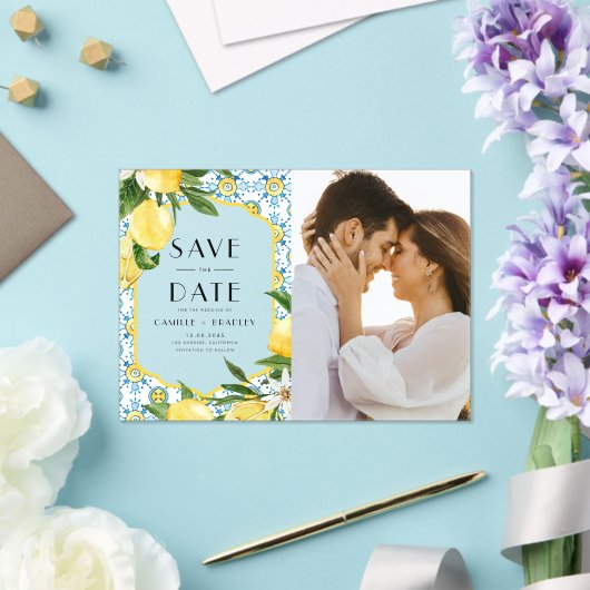 水彩レモンとモロッコタイルパターン写真 アクリル招待状 (インサイチュ (ウェディング))