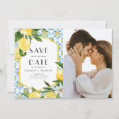 水彩レモンとモロッコタイルパターン写真 セーブザデート (正面)