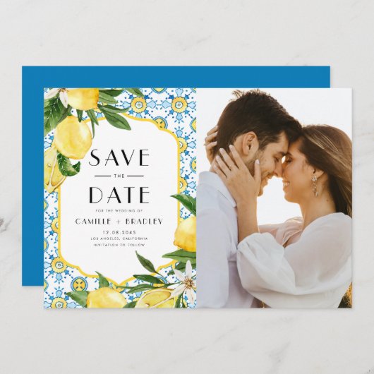 水彩レモンとモロッコタイルパターン写真 セーブザデート (正面/裏面)