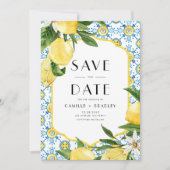 水彩レモンとモロッコタイルパターンQRコード セーブザデート (正面)