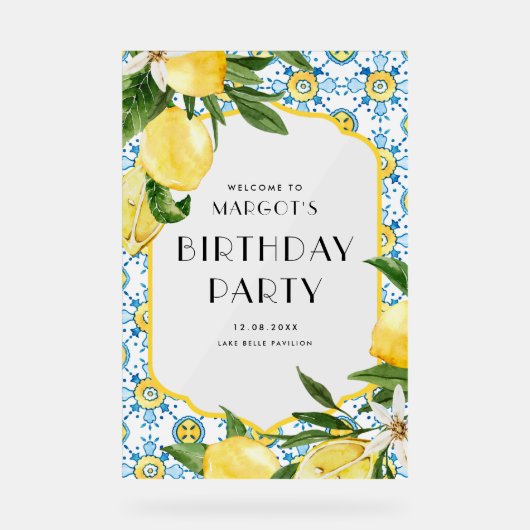 水彩レモンとモロッコタイル誕生日 アクリルサイン (正面)