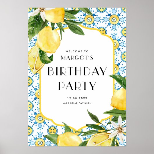 水彩レモンとモロッコタイル誕生日 ポスター (正面)